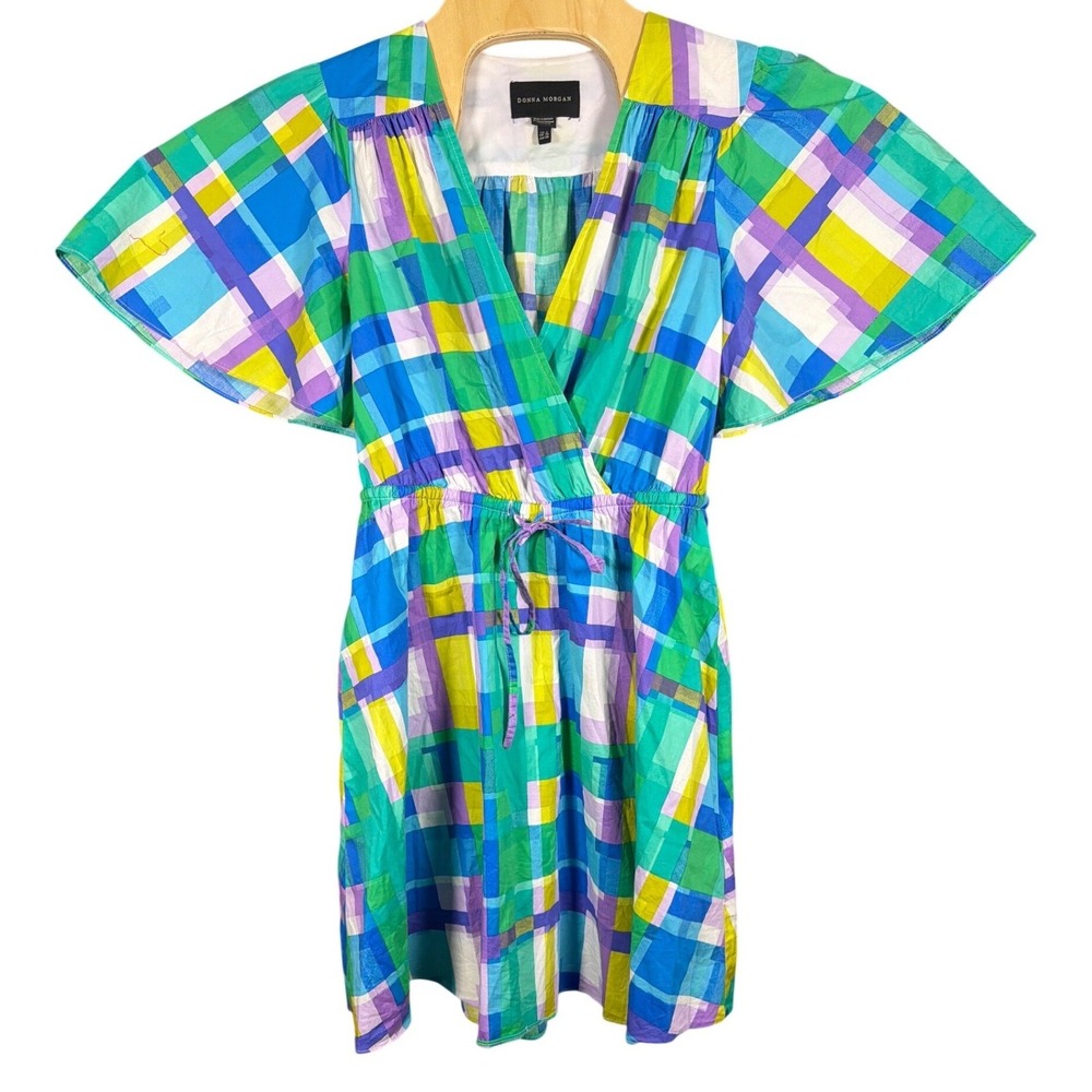 Donna Morgan‎ Womens Plaid Flutter Sleeve Wrap Mini Dress Multicolor Size 6